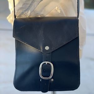 Hand Crafted Black Leather Cross-Body Satchel Bag NEW